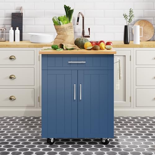 Shintenchi Kitchen Island Cart with Storage,Rolling Kitchen Island Side Table on Wheels with Large Worktop,Storage Cabinet,Towel Rack and Drawers for Kitchen,Dinning Room, Blue