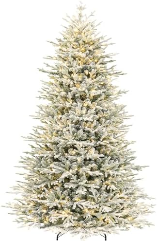 Hykolity 9 ft Prelit Snow Flocked Christmas Tree with 600 Warm White LED Lights, 5149 PE&PVC Branch Tips, Metal Stand and Hinged Branches
