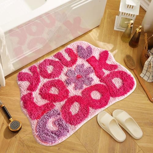 You Look Good Bath Rug, Fun Bathroom Rug,Hot Pink Bathroom Mat Cool Rugs for Bedroom Non Slip Microfiber Plush Cool Rugs for Bedroom Washable Absorbent for Bathtub 21"x25"
