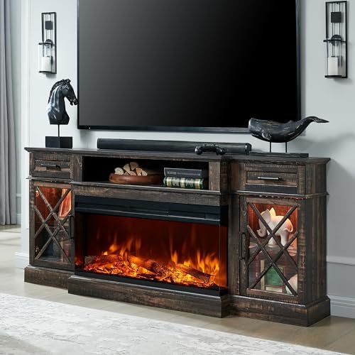 OKD 3-Sided Glass Farmhouse Fireplace TV Stand for TVs up to 80'', Highboy Entertainment Center with Glass Door Storage Cabinet, 70'' Large TV Stands with 36'' Electric Fireplace, Dark Rustic Oak