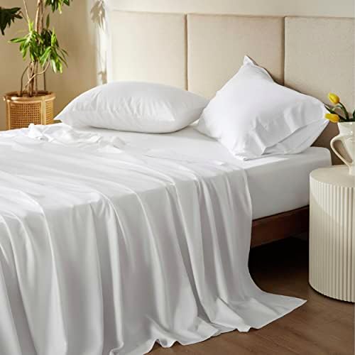 Bedsure Twin Sheet Set, Cooling Sheets for Twin Size Bed Set, Rayon Derived from Bamboo, Breathable & Soft Deep Pocket Up to 16 Inches, Hotel Luxury Silky Bedding, Bedsheet & Pillowcases, White