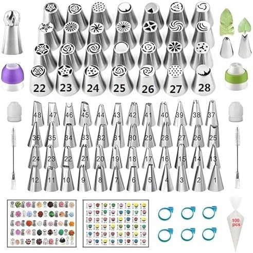 193 Pcs Russian Piping Tips Set, with 28 Numbered Russian Tips,48 Numbered Icing Tips,1 Ball Tip,2 Leaf Tips,Pattern Chart,100 Pastry Bags,4 Couplers,6 Bag Ties for Cake Decorating