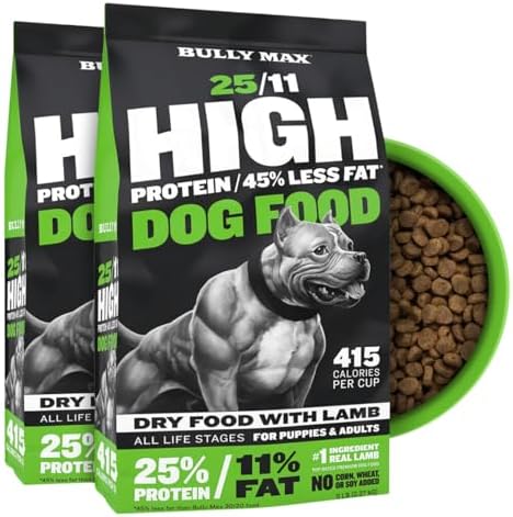Bully Max 25/11 High Protein & Low Fat Dry Dog Food for Puppies & Adult Dogs - Chicken-Free Lamb Flavor - Natural Puppy Food for All Ages, Small and Large Breeds - 10lbs (2 Bags, 5 lbs Each)