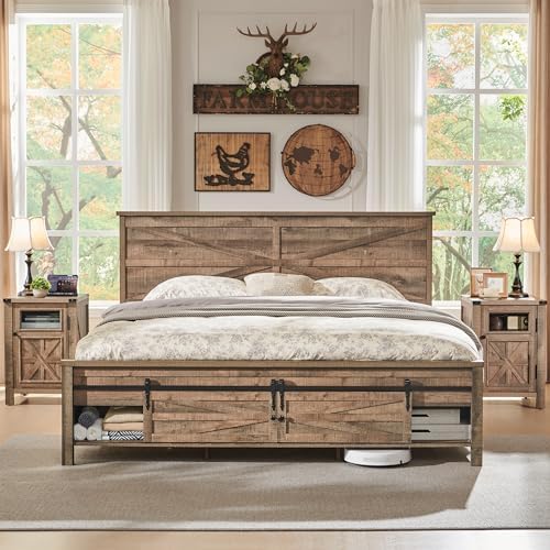 JXQTLINGMU King Farmhouse Wood Bed Frame with Sliding Barn Door Storage Cabinets, Solid Wood Slats Support, Noiseless, No Box Spring Needed, Warm Brown