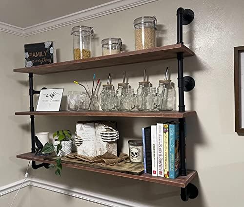 Floating Shelves,Wall Mounted Rustic Wood Shelf,Pipe Shelves,Industrial Pipe Shelving with Real Wood Planks 48 inch Industrial Wall Shelves Hanging Bookshelf Farmhouse Kitchen Bar Shelving