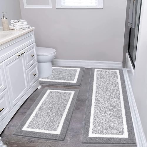 Pauwer Bathroom Rug Mat Set 3 Piece, Microfiber Shaggy Bath Set, Non-Slip Ultra Soft Carpet Mats, Absorbent with U-Shaped Toilet for Bathroom, Tub, Shower, Light Grey