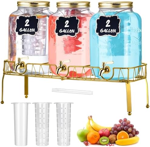 Lallisa 3 Pcs 2 Gallon Glass Drink Dispenser with Stand and Lid Mason Jar Beverage Dispenser with Stainless Steel Spigot, Hanging Chalkboard Signs, (Gold)