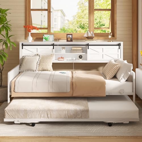 Homieasy Daybed with Trundle, Farmhouse Twin Day Bed with Bookcase Headboard and Charging Station, Heavy Duty Metal Sofa Bed Frame with Pop-up Trundle Bed for Living Room, Bedroom, White