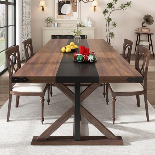 71 Inch Dining Table for 6 People, Rectangular Kitchen Farmhouse Table W/Thickness Waterproof Wood Tabletop,Long Dining Room Tables W/Wood Strip Base for Kitchen Living Room(BR)