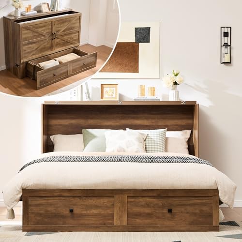 AMERLIFE Full Murphy Bed Cabinet with Charging Station and Storage, Farmhouse Foldable Platform Bed for Guest Room, Office, Small Spaces, Barnwood