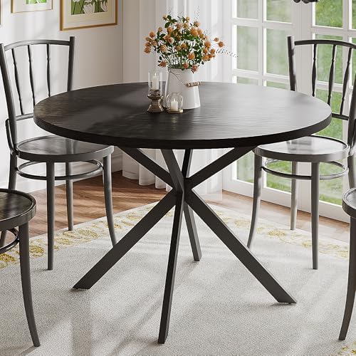 ChooChoo 47.2 Inch Round Dining Table for 4, Farmhouse Wood Kitchen Table, Circle Dinner Table for Kitchen & Dining Room, Black