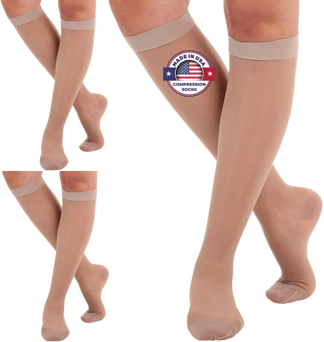 (3 Pairs - Closed Toe) Made in USA - Compression Socks for Women 15-20mmHg - Sheer Compression Knee High Stockings for Post Surgery, Pregnancy, Arthritis, Edema - Nude, Large - A101NU3-3
