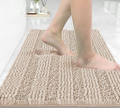 Yimobra Bathroom Rug Mat 24 x 17, Non Slip and Super Absorbent Bath Mat,Machine Washable Quick Dry,Ultra Plush Chenille Shower Rugs for Bathroom Floor Sink Tub and Shower Outside,Beige with Pink