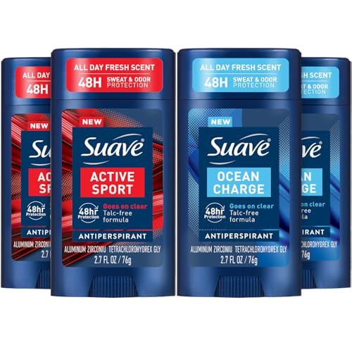 Suave Antiperspirant Deodorant for Men Variety 4-Pack – Active Sport, Bergamot & Wood + Ocean Charge, Marine & Driftwood, 48H Sweat & Odor Protection, 2.7 Oz Ea