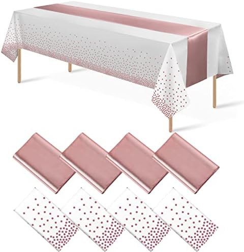 8Pack Disposable Plastic Tablecloths and Satin Table Runner Set White and Rose Gold Dot Tablecloth Rose Gold Satin Table Runner for Wedding Birthday Anniversary Christmas New Year Party Decorations