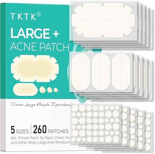 TKTK XXL Pimple Patches for Body, Large Hydrocolloid Acne Patches, 5 Sizes Big Hydrocolloid Bandages for Back, Chest, Shoulders Zit Breakouts, Blemish Patches for Face (Oval, Dot 260 Count)