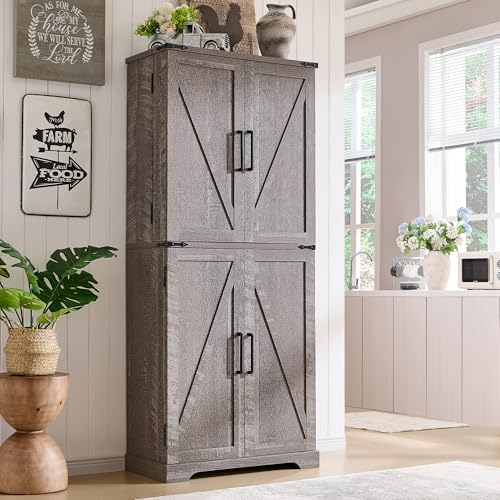 ACCOHOHO 72" Tall Kitchen Pantry, Farmhouse Storage Cabinet with Barn Doors, Organizer, Drawer and Adjustable Shelves, Rustic Wood Cupboard for Kitchen, Dining Room, Bathroom and Hallway, Rustic Grey
