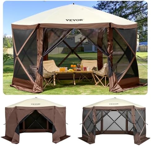 VEVOR Gazebo Screen Tent, 10 x 10 ft, 6 Sided Pop-up Camping Canopy Shelter Tent with Mesh Windows, Portable Carry Bag, Ground Stakes, Large Shade Tents for Outdoor Camping, Lawn and Backyard