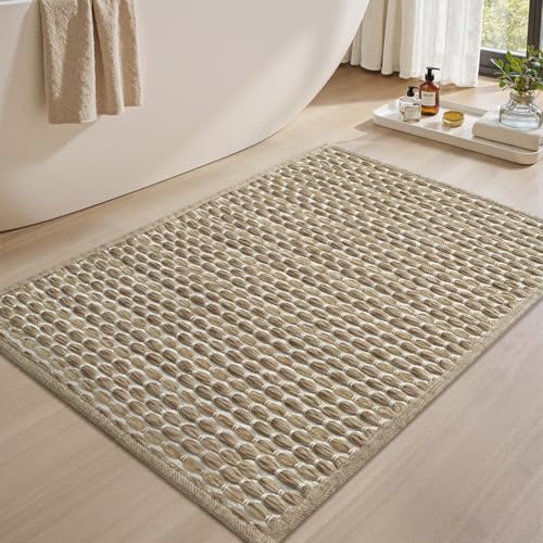 AMOAMI Unique Woven Bath Mat, Super Absorbent Non Slip Bath Mats for Bathroom Floor Textured Bathroom Mat Quick Dry Washable Bath Rug Boho Thin Rugs for Bathroom Beside Tub, 20" x 32", Brown