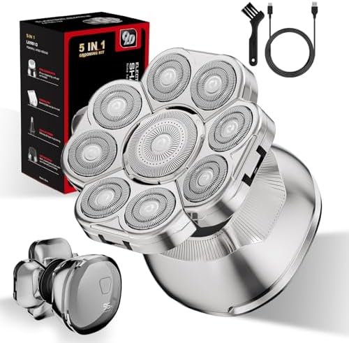 9D Bald Head Shavers for Men, 5 in 1 Cordless Rechargeable Electric Head Shavers for Beard/Nose/Sideburns LED Display Wet/Dry Bald Head Shaver IPX7 Waterproof Mens Grooming Kit