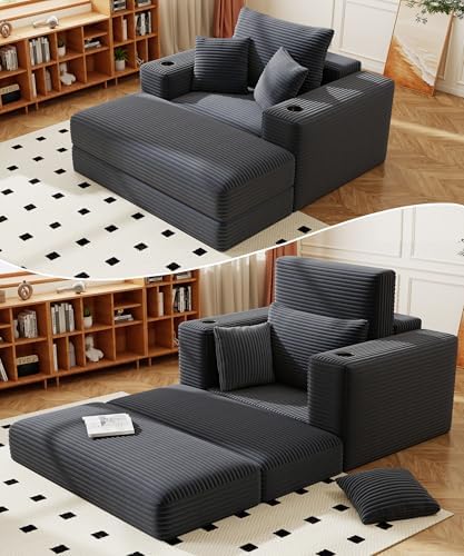 62" Chaise Lounge Chair Indoor Comfy Oversized Sleeper Chair Bed for Living Room Corduroy Deep Seat Lounge Sofa Convertible Boneless Sofa Bed, No Assembly Required