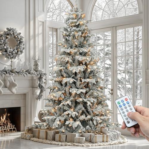 YITAHOME Pre-Lit Flocked Artificial Christmas Tree with Remote, 6.5 FT Snow Flocked Natural Layered Christmas Tree with 760 PE & PVC Mixed Tips and 350 Lights for Home, Office, Party Decoration