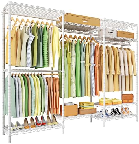 Ulif E13 Heavy Duty Clothes Rack(With 4 Hanger Rods & 8 Shelves) Freestanding Clothing Racks for Hanging Clothes,Adjustable Closet Organizer,Metal Garment Rack 63" W x16 D x77 H,Max Load 900LBS,White