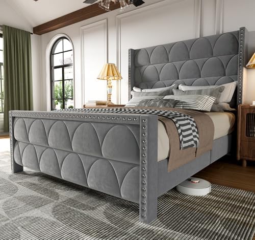Queen Size Bed Frame with 56" Headboard - 1000LBS Capacity Support, Velvet Upholstered Wingback Platform Bed Frame, Noise Free, Sturdy Wooden Slat Support
