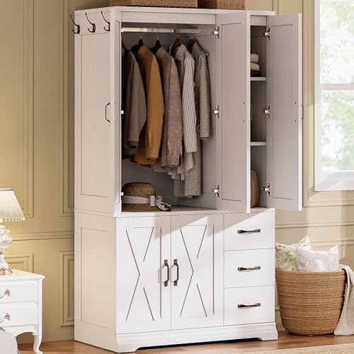 LIKIMIO Wardrobe Closet with 5 Cabinet Doors and 3 Drawers, Large-Capacity Deep Armoire for Bedroom with 3 Side Hooks, Hanging Rod and Anti - tip Kit, White
