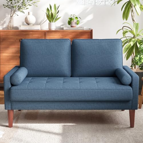 Loveseat Sofa with Solid Wood Legs, 48" Small Couches for Small Spaces, Love Seat for Living Room, Bedroom, Easy Assembly Mid Century Modern Couch with Throw Pillow for Apartment, Blue