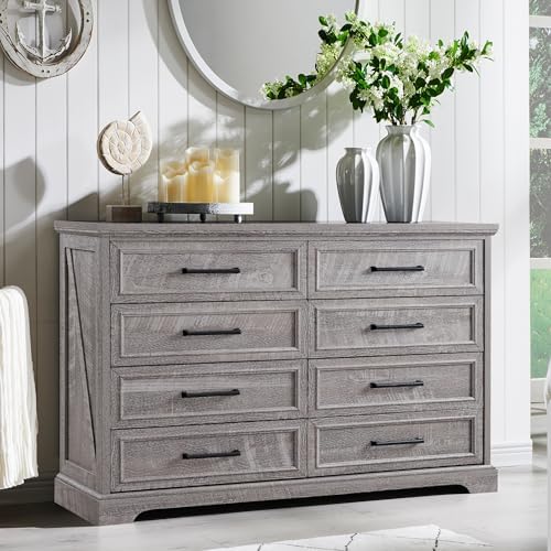 ACCOHOHO Farmhouse 8 Drawers Dresser Chests for Bedroom,52" Wide Wood Rustic Chest of Drawers with Metal Handle,Natural Texture,Drawer Organizer for Bedroom,Living Room,Hallway and Entryway,Grey