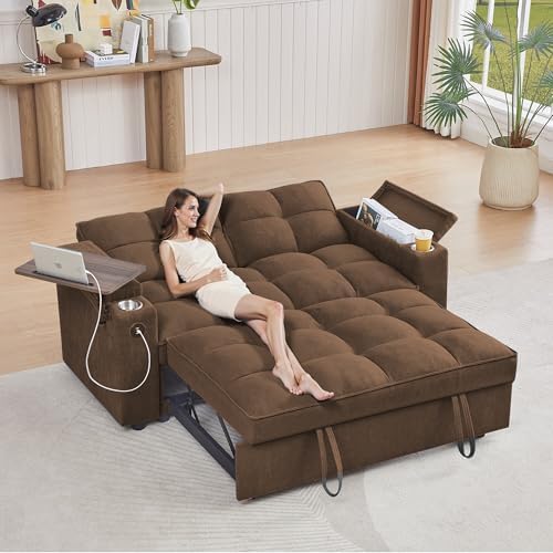 65'' 3-in-1 Folding Convertible Sofa Bed, Pullout Sofa, Modern Chenille Fabric, 360° Swivel Side Table, Easy Assembly, Perfect for Living Room(ZY-1107A-Brown)