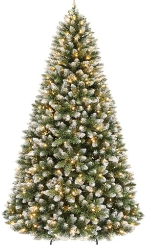 Hykolity 7.5 ft Flocked Christmas Tree, 350 Warm White LED Lights, Artificial Christmas Tree with 1446 PVC Branch Tips, Metal Hinges & Base