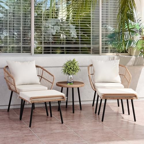 YITAHOME 5-Piece Outdoor Wicker Furniture Set, All-Weather Patio Bistro Set with Footrest, Small Patio Conversation Set for Balcony Outside, Outdoor Chairs with Ottomans and Coffee Table