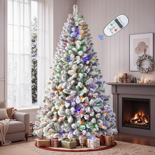 SHareconn 6ft Pre-Lit Flocked Spruce Artificial Hinged Christmas Tree with Remote, Timer and 330 Warm White & Multi-Color Lights, 950 Branch Tips, Perfect Choice for Xmas Decoration, 6 FT, White