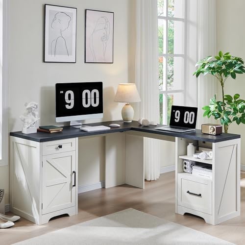 JXQTLINGMU Home Office Desk, Modern Farmhouse Computer Desk with File Cabinet Letter T4 F4 Legal, Study Writing Desk, 59 Inch, Off White