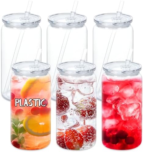 16 Oz Acrylic Plastic Can Tumbler, 6 Pack Plastic Clear Cup Beer Can, Plastic Mason Jar with Clear Lid