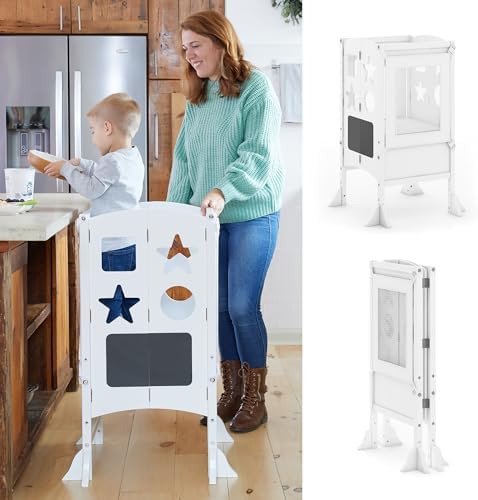 Guidecraft Classic Kitchen Helperยฎ Foldable Toddler Tower - White: Wooden Adjustable Kitchen Step Stool with Chalkboard & Non Slip Mat | Montessori Learning & Cooking Toddler Tower w/Safety Nets