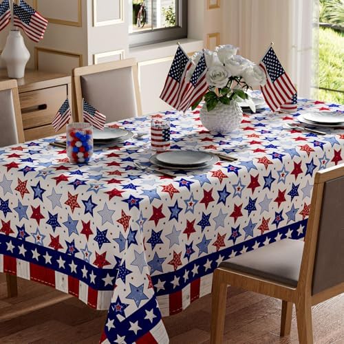 Red White Stripes Wood Stars Patriotic America 4th of July Memorial Day Independence Day Tablecloth Rectangle Washable Table Covers for Home Party Decorations 60x84 Inch