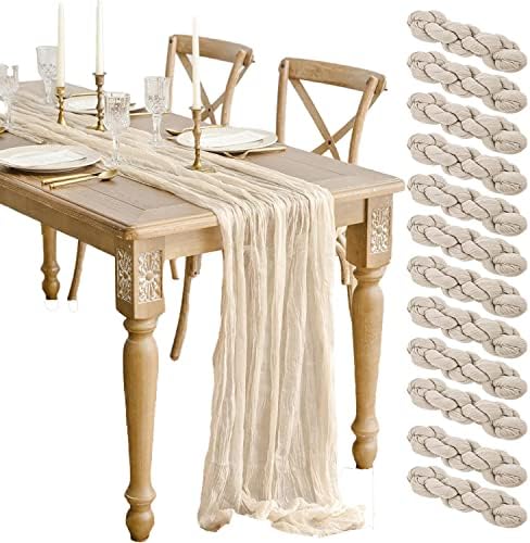 12 Pack Beige Cheesecloth Table Runner 10ft Boho Gauze Cheese Cloth Table Runner Rustic Sheer Runner 120 inch Long for Christmas Wedding Bridal Baby Shower Birthday Table Decorations