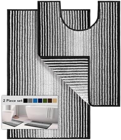 Bathroom Rugs Sets 2 Piece, Toilet Rugs U-Shaped, Contour Bath Mat Set for Toilet Bathroom, Soft Absorbent Chenille Bath Carpet, Quickly Dry, Washable (Black, 32" x 20" + 24" x 20")