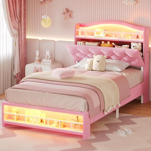 BTHFST Twin Szie Girls Bed with LED Lights & Charging Station, Princess Twin Size Bed Frame with Hidden Storage Headborad, Sturdy Platform Bed, No Box Spring Needed/Noise-Free/Easy Assembly, Pink