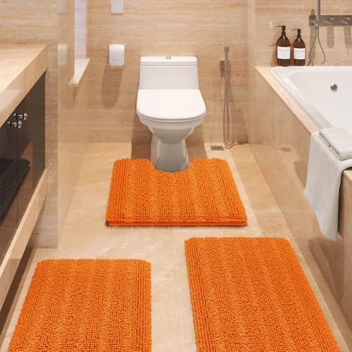 ACCUMTEK Striped Orange Bathroom Rug Set 3 Pieces Ultra Soft, Non Slip Chenille Toilet Mat, Absorbent Plush Shaggy Bath Mats for Bathroom, Bedroom, Kitchen
