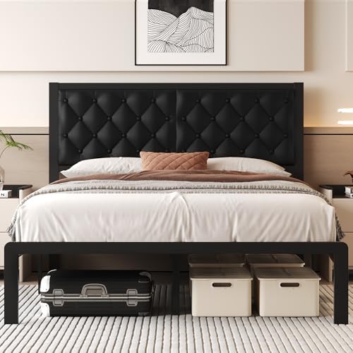 Queen Bed Frame with Headboard PU Leather Upholstered Bed Frame Platform,All Metal Slats Support Platform Bed Frame with Storage Space,Easy Assembly,Noise Free,No Box Spring Needed,Black