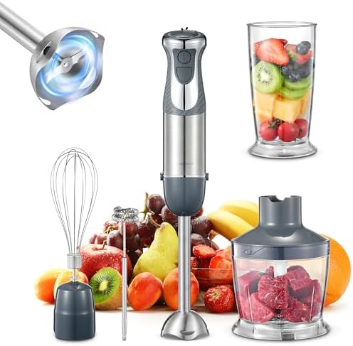 5-in-1 Hand Immersion Blender, 1000W Handheld Blender, Copper Motor Stainless Steel Blade Stick Blender, Mixing Beaker, Food Processor, Whisk, Milk Frother, for Smoothies Puree Baby Food (Gray)