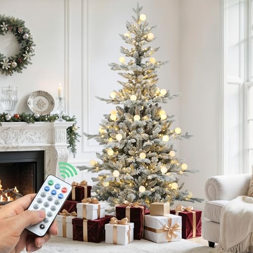 YITAHOME 6FT Pre-lit Flocked Layered Christmas Tree with Remote, Hinged Flocked Christmas Tree w/ 1338 PE & PVC Mixed Branch Tips, 270 Warmwhite & Color Changing Lights w/Removable lampshade,11 Modes