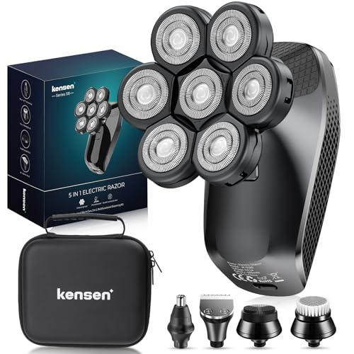 7D Head Shavers for Bald Men - 5 in 1 kensen Electric Head Hair Shaver, Head Electric Razor with Nose Hair & Beard Trimmer Cordless Rechargeable IPX6 Waterproof Wet Dry LED Display Gifts Travel Case
