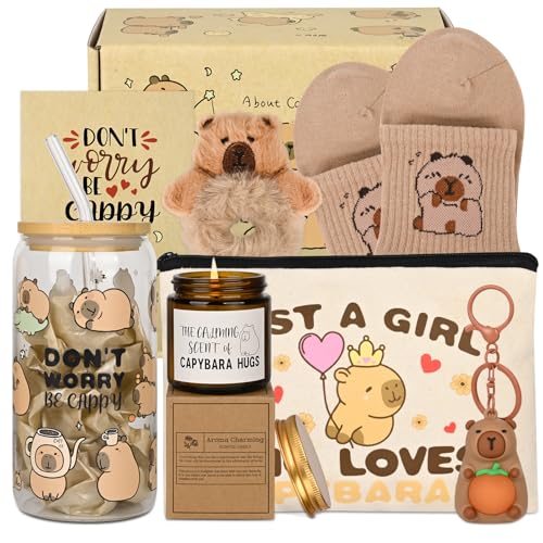 Capybara Gifts for Women Capybara Stuff with Glass Cup Makeup Bag Sock Hair Bands Capybara Keychain and Candle Gift Cards Gift for Capybara Lover