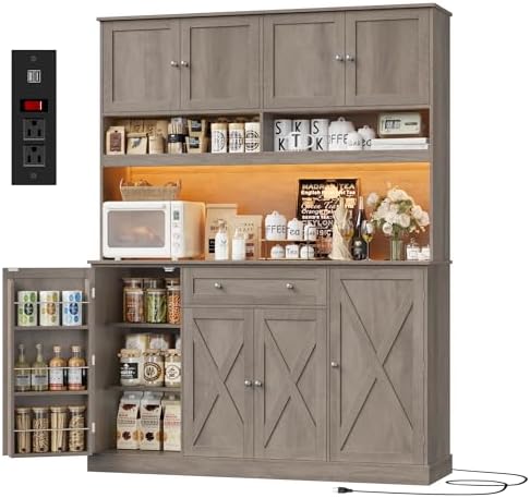 HIFIT 72.8” Tall Kitchen Pantry Cabinet with LED & Charging Station, 55” Wide Farmhouse Pantry Storage Cabinet with Microwave Stand&Shelves&Barn Doors, Kitchen Hutch Coffee Bar for Living Room, Grey
