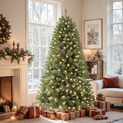 SHareconn 9ft Prelit Premium Artificial Hinged Classic Spruce Christmas Tree with Pre-lit 550 Warm White Lights, 1810 Branch Tips and Foldable Stand, Perfect Choice for Xmas Decoration, 9 FT, Green